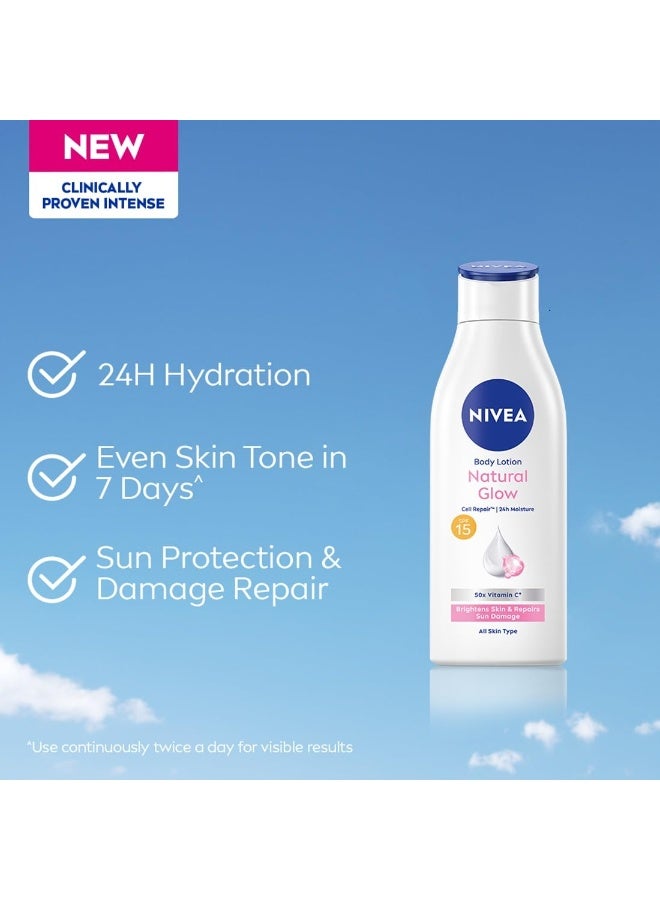 نيفيا لوشن نيفيا ناتشورال جلو لتجديد خلايا البشرة 200 مل | عامل حماية من الشمس SPF 15 و50 ضعفًا من فيتامين C لحماية مثالية في الصيف | غني بمستخلصات الكامو كامو والكرز الهندي | يمنح بشرة موحدة اللون وناعمة | مناسب لجميع أنواع البشرة (قد تختلف العبوة). - Image 2